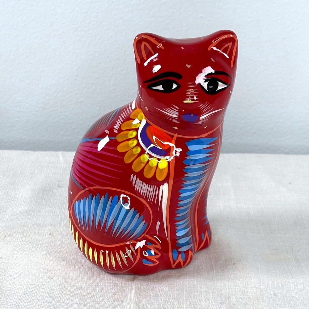 Vintage Mexican Folk Art Hand Painted Ceramic Cat Figurine Red Glossy